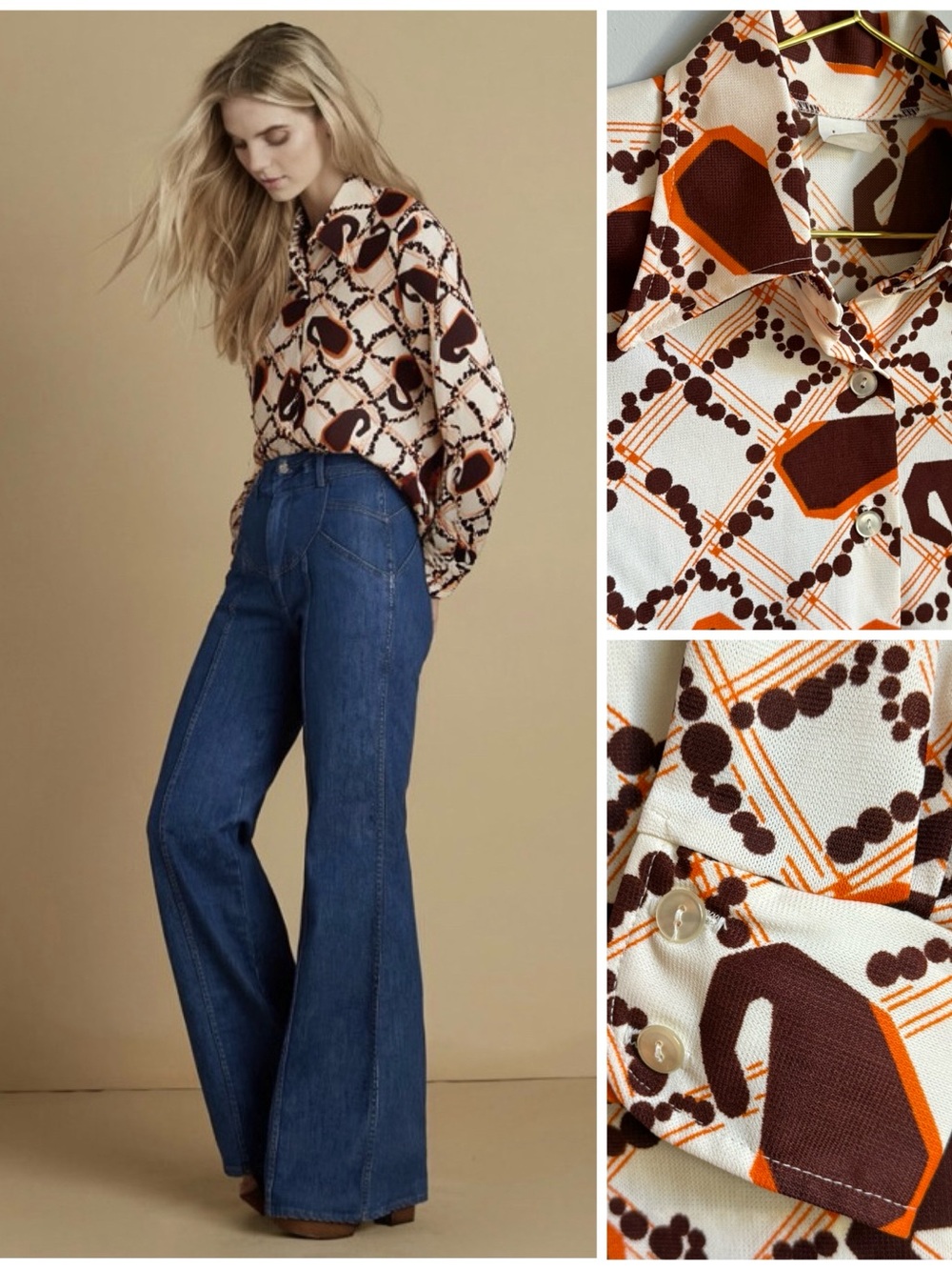 70s Geometric Print Top Vintage Button-Down Disco Collar Wide Cuffs Mod Chic S/M